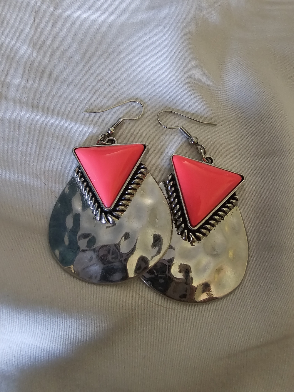 Silver Earrings with Pink Triangle Accents